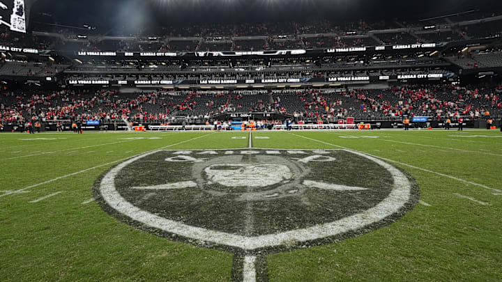 Oct 27, 2024; Paradise, Nevada, USA; A Las Vegas Raiders shield logo at midfield at Allegiant Stadium. Mandatory Credit: Kirby Lee-Imagn Images