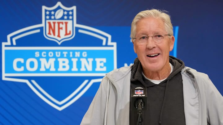 Feb 25, 2025; Indianapolis, IN, USA; Las Vegas Raiders coach Pete Carroll speaks during the NFL Scouting Combine at the Indiana Convention Center. Mandatory Credit: Kirby Lee-Imagn Images