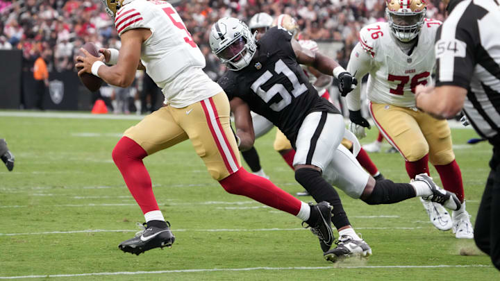 Aug 13, 2023; Paradise, Nevada, USA; San Francisco 49ers quarterback Trey Lance (5) is pressured by Las Vegas Raiders defensive end Malcolm Koonce (51) in the first half at Allegiant Stadium. Mandatory Credit: Kirby Lee-Imagn Images Aug 13, 2023; Paradise, Nevada, USA; San Francisco 49ers quarterback Trey Lance (5) is pressured by Las Vegas Raiders defensive end Malcolm Koonce (51) in the first half at Allegiant Stadium. Mandatory Credit: Kirby Lee-Imagn Images