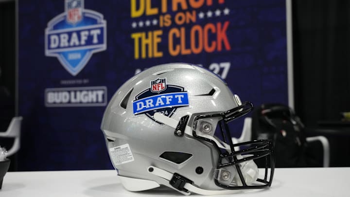 Feb 5, 2024; Las Vegas, NV, USA; A helmet with the 2024 NFL Draft in Detroit logo  at the Super Bowl