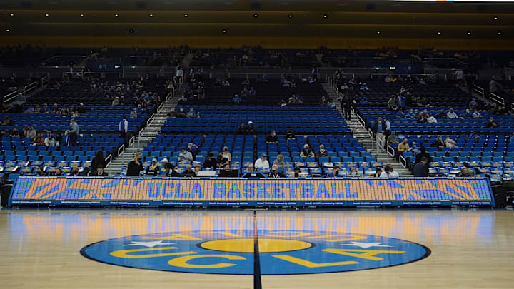 Feb 19, 2022; Los Angeles, California, USA; The UCLA Bruins logo is seen at center court at Pauley Pavilion.