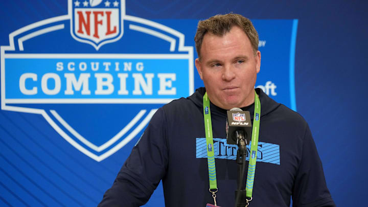 Tennessee Titans general manager Mike Borgonzi speaks during the NFL Scouting Combine.