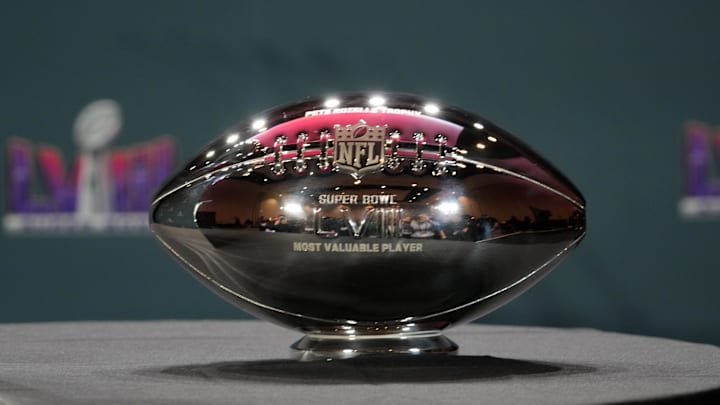 Feb 12, 2024; Las Vegas, NV, USA; The MVP trophy at the Super Bowl LVIII Winning Head Coach and Most Valuable Player Press Conference at the Super Bowl LVIII media center at the Mandalay Bay North Convention Center. Mandatory Credit: Kirby Lee-Imagn Images