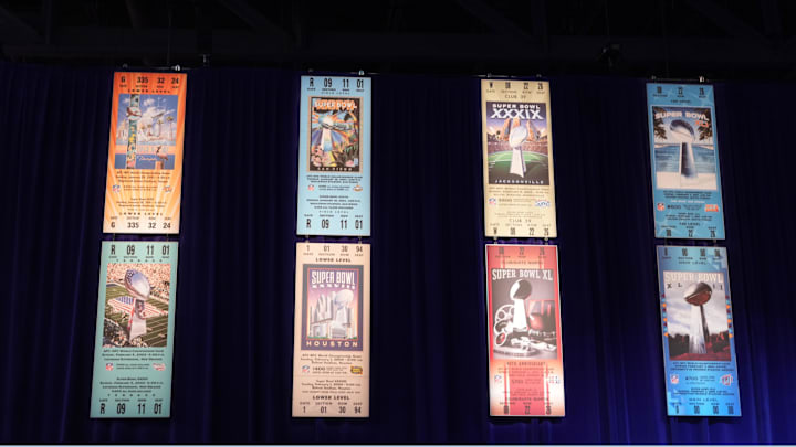 Feb 9, 2024; Las Vegas, NV, USA; A Super Bowl ticket exhibit at the NFL Experience at the Mandalay Bay South Convention Center. Mandatory Credit: Kirby Lee-Imagn Images