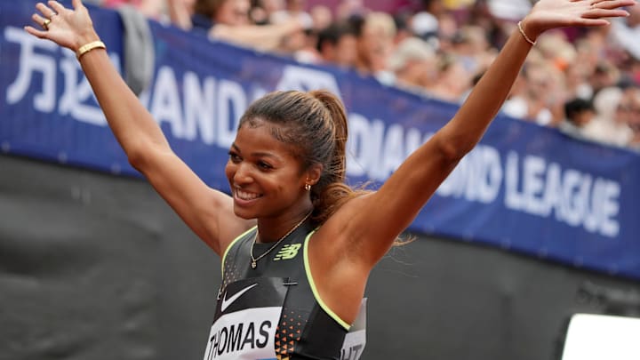 Jul 20, 2024; London, United Kingdom; Gabrielle Thomas aka Gabby Thomas (USA) celebrates after winning the women's 200m in a meet record 21.82 during the London Athletics Meet at London Stadium. Jul 20, 2024; London, United Kingdom; Gabrielle Thomas aka Gabby Thomas (USA) celebrates after winning the women's 200m in a meet record 21.82 during the London Athletics Meet at London Stadium.