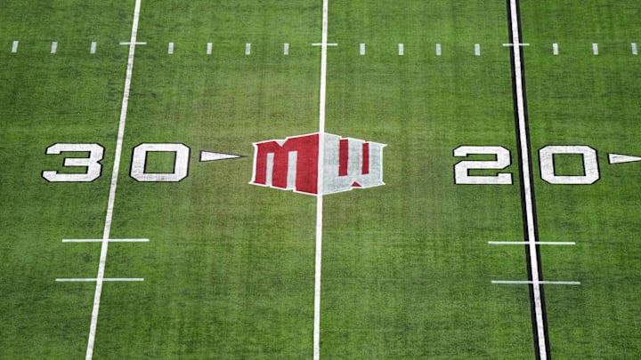 Dec 2, 2023; Las Vegas, NV, USA; The Mountain West conference logo on the field at Allegiant Stadium. Mandatory Credit: Kirby Lee-Imagn Images