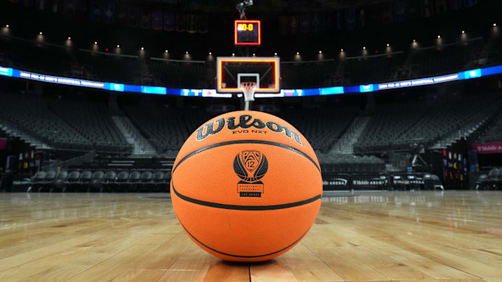 Mar 15, 2024; Las Vegas, NV, USA; A NCAA Wilson evo NXT official game basketball with the Pac-12 Conference logo at T-Mobile Arena. Mandatory Credit: Kirby Lee-Imagn Images