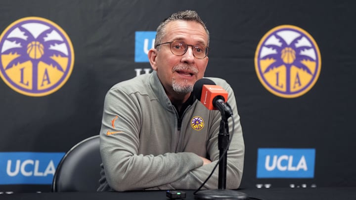 Sep 11, 2024; Los Angeles, California, USA; LA Sparks coach Curt Miller at press conference at the Crypto.com Arena. Mandatory Credit: Kirby Lee-Imagn Images Sep 11, 2024; Los Angeles, California, USA; LA Sparks coach Curt Miller at press conference at the Crypto.com Arena. Mandatory Credit: Kirby Lee-Imagn Images