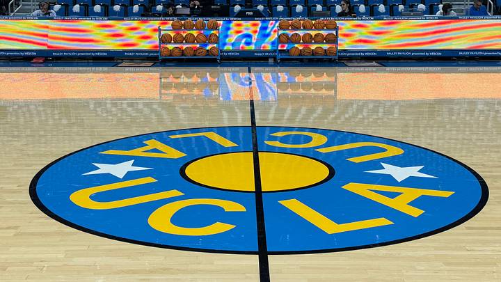 Dec 22, 2023; Los Angeles, California, USA; The UCLA Bruins logo at center court at Pauley Pavilion presented by Wescom. Mandatory Credit: Kirby Lee-USA TODAY Sports Dec 22, 2023; Los Angeles, California, USA; The UCLA Bruins logo at center court at Pauley Pavilion presented by Wescom. Mandatory Credit: Kirby Lee-USA TODAY Sports