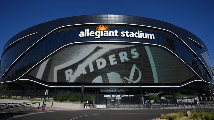 Sep 18, 2022; Paradise, Nevada, USA; A general overall view of the Las Vegas Raiders logo at Allegiant Stadium. Mandatory Credit: Kirby Lee-USA TODAY Sports Sep 18, 2022; Paradise, Nevada, USA; A general overall view of the Las Vegas Raiders logo at Allegiant Stadium. Mandatory Credit: Kirby Lee-USA TODAY Sports
