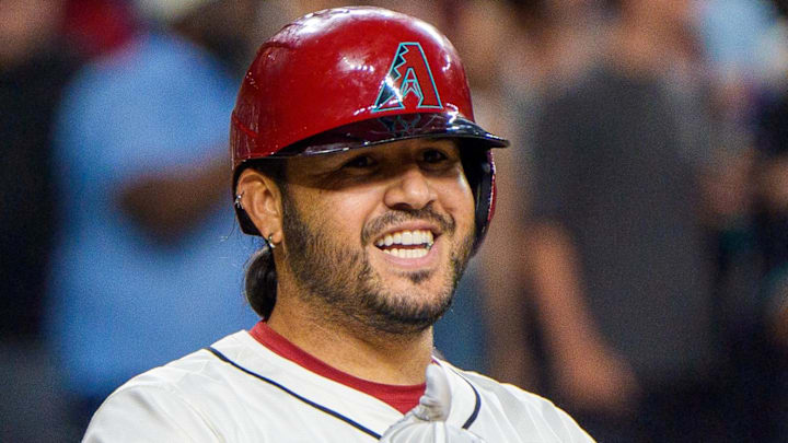 Apr 26, 2025; Phoenix, Arizona, USA;  Arizona Diamondbacks infielder Eugenio Suarez (28) reacts after hitting his fourth home run of the game against the Atlanta Braves during the ninth inning at Chase Field
