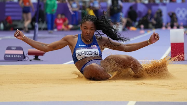 Aug 6, 2024; Saint-Denis, FRANCE; Tara Davis-Woodhall (USA) in women's long jump qualifications during the Paris 2024 Olympic Summer Games at Stade de France. Mandatory Credit: Kirby Lee-USA TODAY Sports