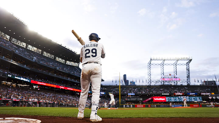 Seattle Mariners catcher Cal Raleigh gets ready to bat during a game against the Boston Red Sox on June 17 at T-Mobile Park. Seattle Mariners catcher Cal Raleigh gets ready to bat during a game against the Boston Red Sox on June 17 at T-Mobile Park.