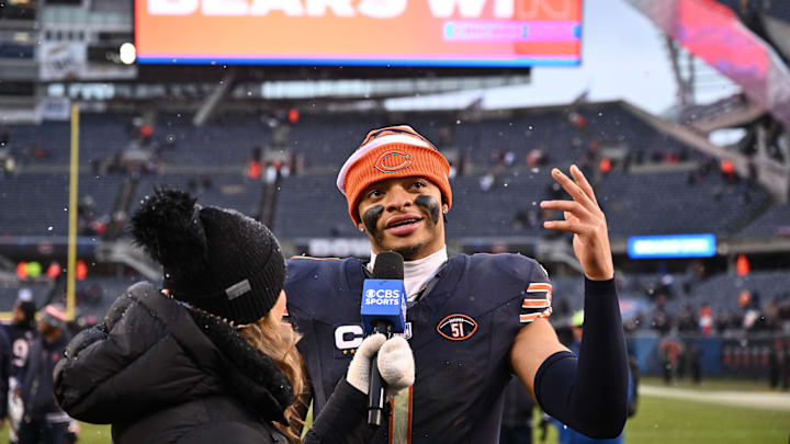 Dec 31, 2023; Chicago, Illinois, USA;  Chicago Bears quarterback Justin Fields (1) is interviewed on