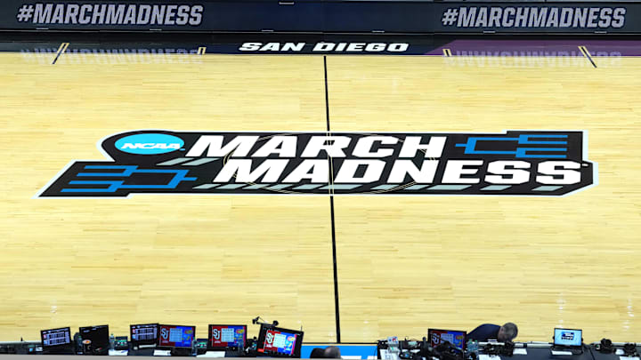 Mar 22, 2026; San Diego, CA, USA; A general overall view of the March Madness logo at midcourt during a second round game of the men's 2026 NCAA Tournament at Viejas Arena. Mandatory Credit: Kirby Lee-Imagn Images