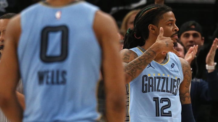 Feb 25, 2025; Memphis, Tennessee, USA; Memphis Grizzlies guard Ja Morant (12) reacts during over-time against the Phoenix Suns at FedExForum. Mandatory Credit: Petre Thomas-Imagn Images
