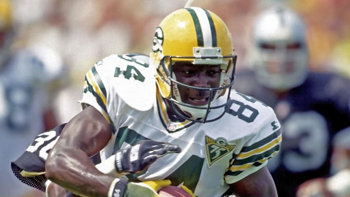 Green Bay Packers receiver Sterling Sharpe in action against the Los Angeles Raiders in the 1993 Hall of Fame Game in Canton. Green Bay Packers receiver Sterling Sharpe in action against the Los Angeles Raiders in the 1993 Hall of Fame Game in Canton.