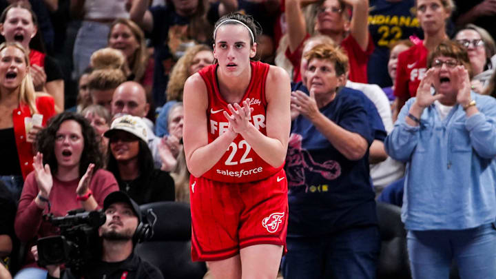 Indiana Fever guard Caitlin Clark (22) celebrates while on defense Friday, Sept. 13, 2024, during a game between the Indiana Fever and the Las Vegas Aces on Friday, Sept. 13, 2024, at Gainbridge Fieldhouse in Indianapolis. The Aces defeated the Fever, 78-74.