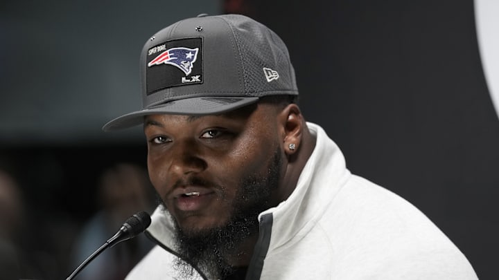 Feb 2, 2026; San Jose, CA, USA; New England Patriots defensive end Milton Williams (97) speaks to media during Opening Night for Super Bowl LX at San Jose Convention Center. Mandatory Credit: Kyle Terada-Imagn Images