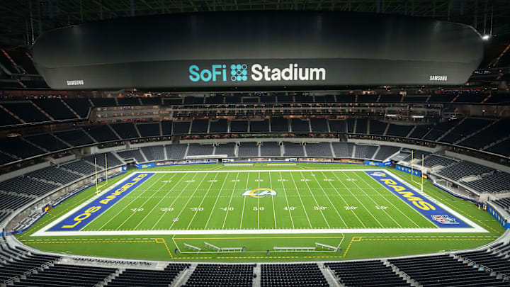 Nov 11, 2024; Inglewood, California, USA; A general overall view of an empty SoFi Stadium with the Los Angeles Rams logo at midfield. 