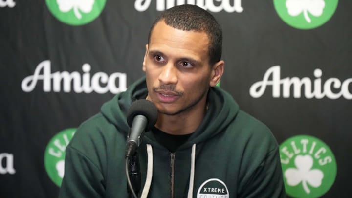 Jan 23, 2025; Los Angeles, California, USA; Boston Celtics coach Joe Mazzulla at a press conference at the Crypto.com Arena. Mandatory Credit: Kirby Lee-Imagn Images