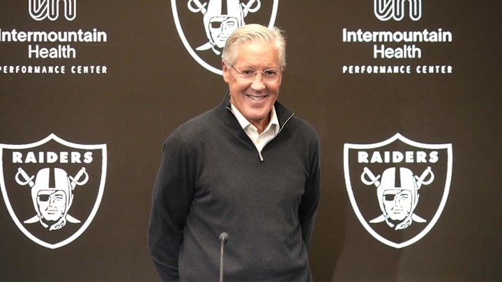 Las Vegas Raiders coach Pete Carroll at a press conference at Intermountain Health Performance Center.