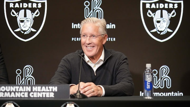 Jan 27, 2025; Las Vegas, NV, USA; Las Vegas Raiders coach Pete Carroll at press conference at Intermountain Health Performance Center. Mandatory Credit: Kirby Lee-Imagn Images