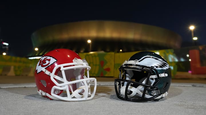 Feb 5, 2025; New Orleans, LA, USA; Kansas City Chiefs and Philadelphia Eagles helmets at the Caesars Superdome prior to Super Bowl LIX. Mandatory Credit: Kirby Lee-Imagn Images Feb 5, 2025; New Orleans, LA, USA; Kansas City Chiefs and Philadelphia Eagles helmets at the Caesars Superdome prior to Super Bowl LIX. Mandatory Credit: Kirby Lee-Imagn Images