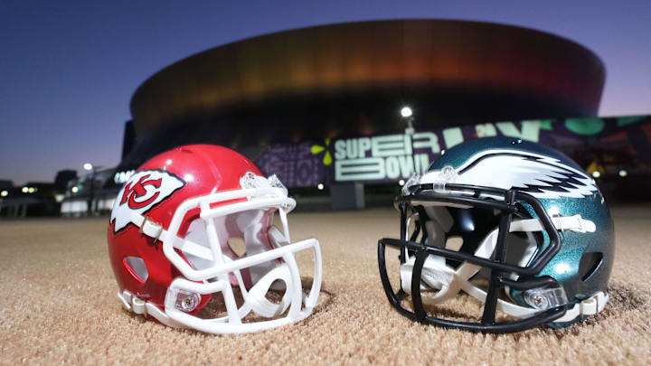 Feb 7, 2025; New Orleans, LA, USA; A general overall view of Kansas City Chiefs and Philadelphia Eagles helmets at the Caesars Superdome, the site of the Super Bowl LIX between the Kansas City Chiefs and the Philadelphia Eagles. Mandatory Credit: Kirby Lee-Imagn Images Feb 7, 2025; New Orleans, LA, USA; A general overall view of Kansas City Chiefs and Philadelphia Eagles helmets at the Caesars Superdome, the site of the Super Bowl LIX between the Kansas City Chiefs and the Philadelphia Eagles. Mandatory Credit: Kirby Lee-Imagn Images