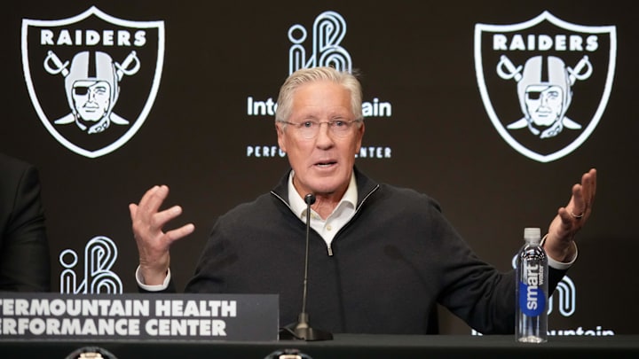 Jan 27, 2025; Las Vegas, NV, USA; Las Vegas Raiders coach Pete Carroll at press conference at Intermountain Health Performance Center. Mandatory Credit: Kirby Lee-Imagn Images