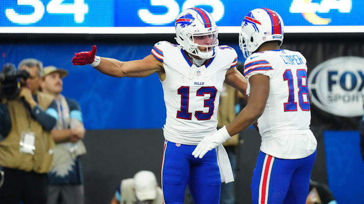 Dec 8, 2024; Inglewood, California, USA; Buffalo Bills wide receiver Mack Hollins (13) celebrates with wide receiver Amari Cooper (18) after scoring on a 21-yard touchdown reception against the Los Angeles Rams