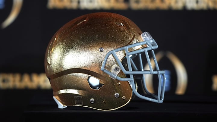 A Notre Dame Fighting Irish helmet at College Football Playoff National Championship press conference.