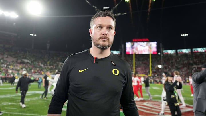 Jan 1, 2025; Pasadena, CA, USA; Oregon Ducks head coach Dan Lanning leaves the field after a CFP Quarterfinal against the Ohio State Buckeyes at Rose Bowl Stadium. Mandatory Credit: Kirby Lee-Imagn Images