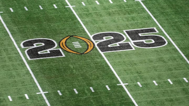 Jan 19, 2025; Atlanta, GA, USA; The College Football Playoff National Championship logo on the field at Mercedes-Benz Stadium, the site of the 2025 College Football Playoff National Championship between the Ohio State Buckeyes and the Notre Dame Fighting Irish. Jan 19, 2025; Atlanta, GA, USA; The College Football Playoff National Championship logo on the field at Mercedes-Benz Stadium, the site of the 2025 College Football Playoff National Championship between the Ohio State Buckeyes and the Notre Dame Fighting Irish.