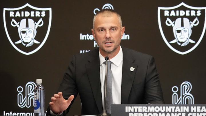 Jan 27, 2025; Las Vegas, NV, USA; Las Vegas Raiders general manager John Spytek at press conference at Intermountain Health Performance Center. Mandatory Credit: Kirby Lee-Imagn Images