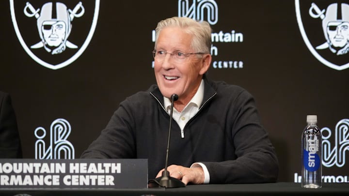 Jan 27, 2025; Las Vegas, NV, USA; Las Vegas Raiders coach Pete Carroll at press conference at Intermountain Health Performance Center. Mandatory Credit: Kirby Lee-Imagn Images