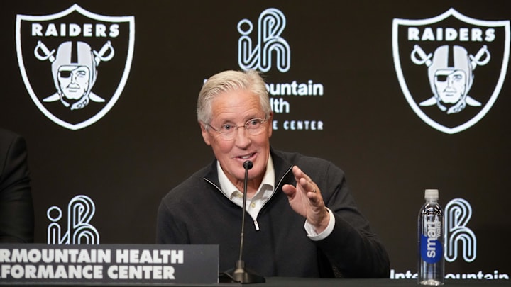 Jan 27, 2025; Las Vegas, NV, USA; Las Vegas Raiders coach Pete Carroll at press conference at Intermountain Health Performance Center. Mandatory Credit: Kirby Lee-Imagn Images
