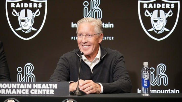 Jan 27, 2025; Las Vegas, NV, USA; Las Vegas Raiders coach Pete Carroll at press conference at Intermountain Health Performance Center. Mandatory Credit: Kirby Lee-Imagn Images Jan 27, 2025; Las Vegas, NV, USA; Las Vegas Raiders coach Pete Carroll at press conference at Intermountain Health Performance Center. Mandatory Credit: Kirby Lee-Imagn Images