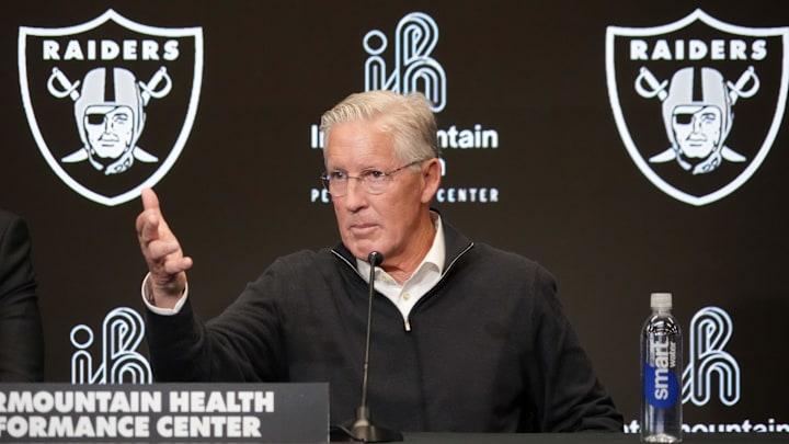 Jan 27, 2025; Las Vegas, NV, USA; Las Vegas Raiders coach Pete Carroll at press conference at Intermountain Health Performance Center. Mandatory Credit: Kirby Lee-Imagn Images