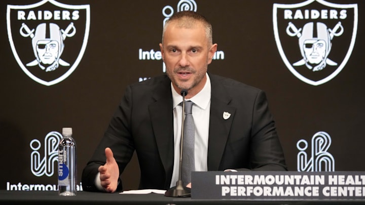 Jan 27, 2025; Las Vegas, NV, USA; Las Vegas Raiders general manager John Spytek speaks at a press conference at Intermountain Health Performance Center. Mandatory Credit: Kirby Lee-Imagn Images