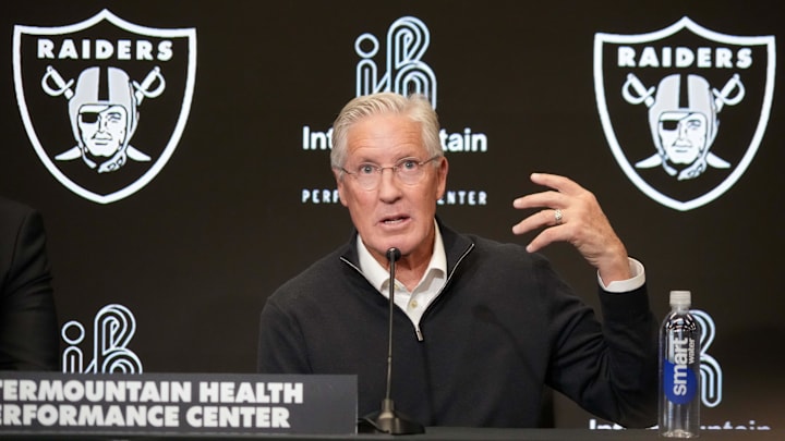 Jan 27, 2025; Las Vegas, NV, USA; Las Vegas Raiders coach Pete Carroll at press conference at Intermountain Health Performance Center. Mandatory Credit: Kirby Lee-Imagn Images Jan 27, 2025; Las Vegas, NV, USA; Las Vegas Raiders coach Pete Carroll at press conference at Intermountain Health Performance Center. Mandatory Credit: Kirby Lee-Imagn Images