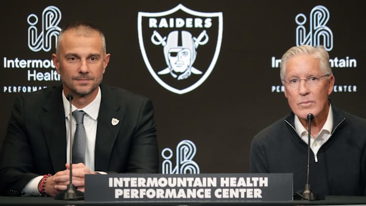 Jan 27, 2025; Las Vegas, NV, USA; Las Vegas Raiders general manager John Spytek (left) and coach Pete Carroll at press conference at Intermountain Health Performance Center. Mandatory Credit: Kirby Lee-Imagn Images