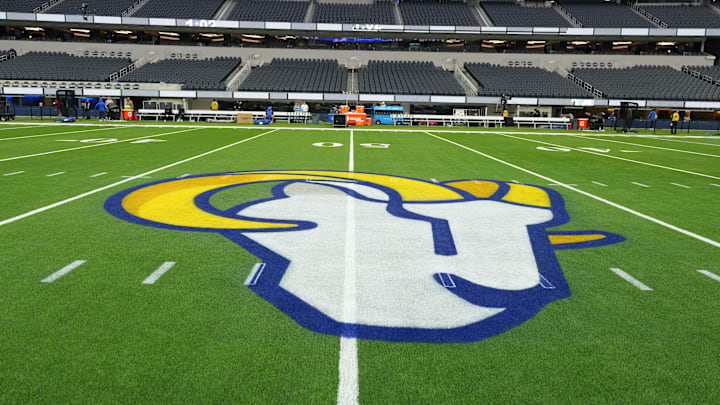 Dec 28, 2024; Inglewood, California, USA; The Los Angeles Rams logo is seen at midfield at SoFi Stadium before a game between the Arizona Cardinals and Los Angeles Rams. Mandatory Credit: Kirby Lee-Imagn Images