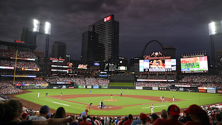 Jul 29, 2023; St. Louis, Missouri, USA; A general view of Busch Stadium during the second inning of a game between the St. Louis Cardinals and the Chicago Cubs. Mandatory Credit: Jeff Curry-Imagn Images Jul 29, 2023; St. Louis, Missouri, USA; A general view of Busch Stadium during the second inning of a game between the St. Louis Cardinals and the Chicago Cubs. Mandatory Credit: Jeff Curry-Imagn Images