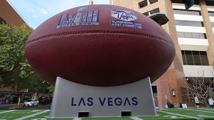 Feb 13, 2023; Phoenix, AZ, USA; A Las Vegas Super Bowl LVIII football Super Ball display at the
