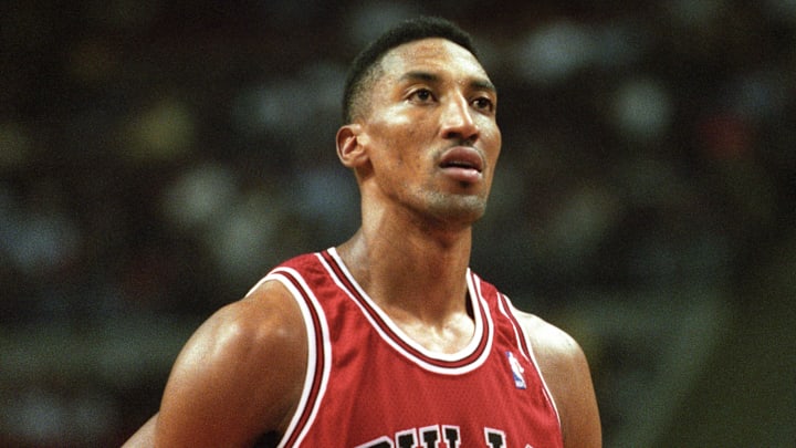 Feb 15, 1996;  Auburn Hills MI, USA; FILE PHOTO; Chicago Bulls forward Scottie Pippen (33) at the freethrow line against the Detroit Pistons at the Palace at  Auburn Hills. The Bulls beat the Pistons 112-109 in overtime. Mandatory Credit: Matthew Emmons-Imagn Images