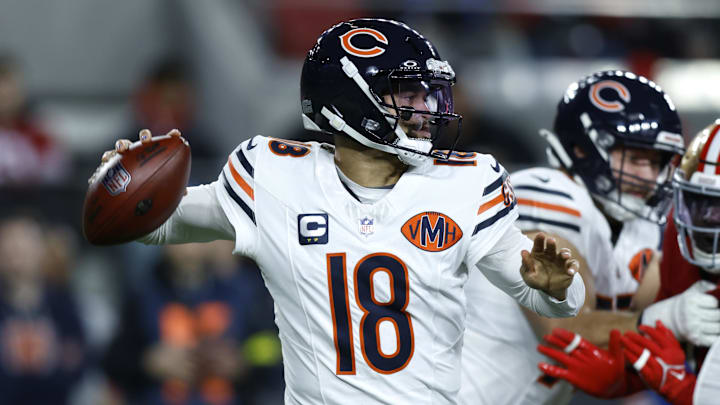 Dec 28, 2025; Santa Clara, California, USA; Chicago Bears quarterback Caleb Williams (18) passes against the San Francisco 49ers in the first half at Levi's Stadium. Mandatory Credit: Sergio Estrada-Imagn Images