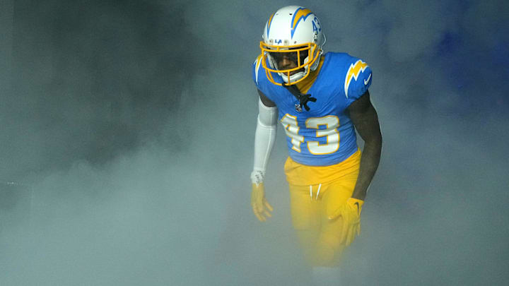 Dec 23, 2023; Inglewood, California, USA; Los Angeles Chargers cornerback Michael Davis (43) enters the field before the game against the Buffalo Bills at SoFi Stadium. Mandatory Credit: Kirby Lee-Imagn Images