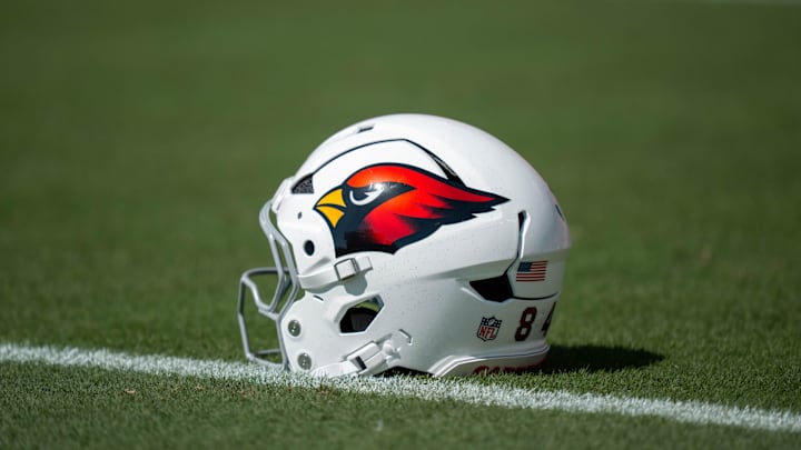 September 21, 2025; Santa Clara, California, USA; Detail view of an Arizona Cardinals helmet for tight end Elijah Higgins (84) before the game against the San Francisco 49ers at Levi's Stadium. Mandatory Credit: Kyle Terada-Imagn Images