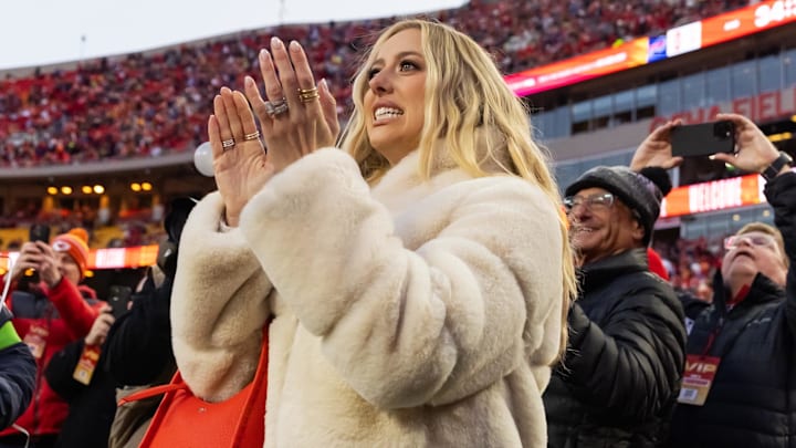 Brittany Mahomes on the sidelines before the AFC Championship game against the Buffalo Bills at GEHA Field at Arrowhead Stadium.